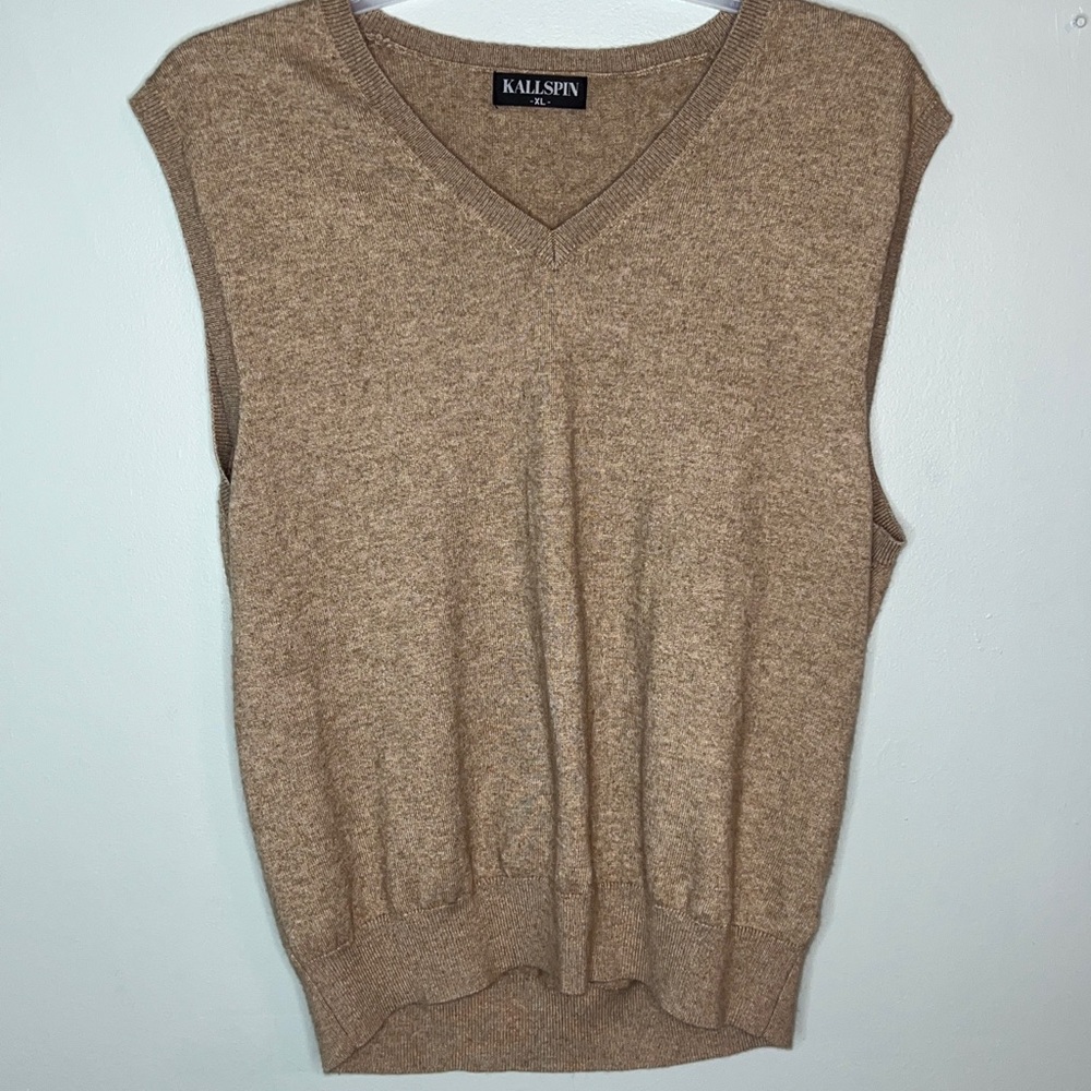 Kallspin Cashmere Wool Blend Sweater Vest - Men's Light Brown Size XL.